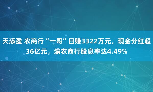 天添盈 农商行“一哥”日赚3322万元，现金分红超36亿元，渝农商行股息率达4.49%